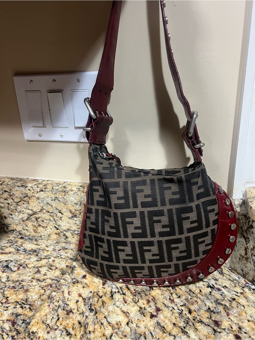 Authentic: VINTAGE FENDI ZUCCA W/RED LEATHER OYSTER SHOULDER BAG ITALY